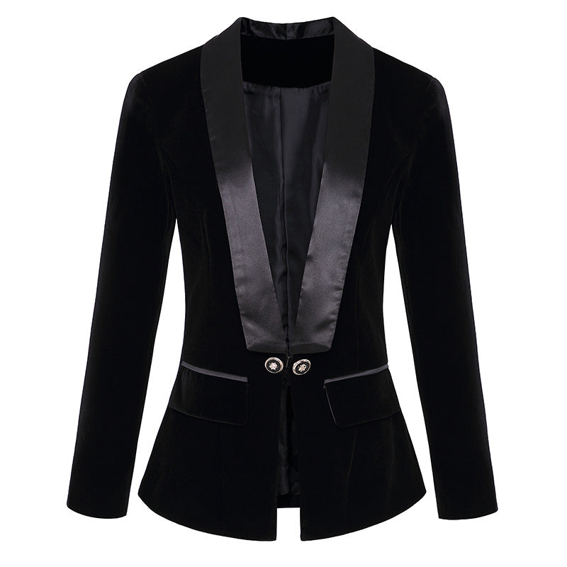 Autumn Winter Satin Green Fruit Collar Slim Velvet Blazer