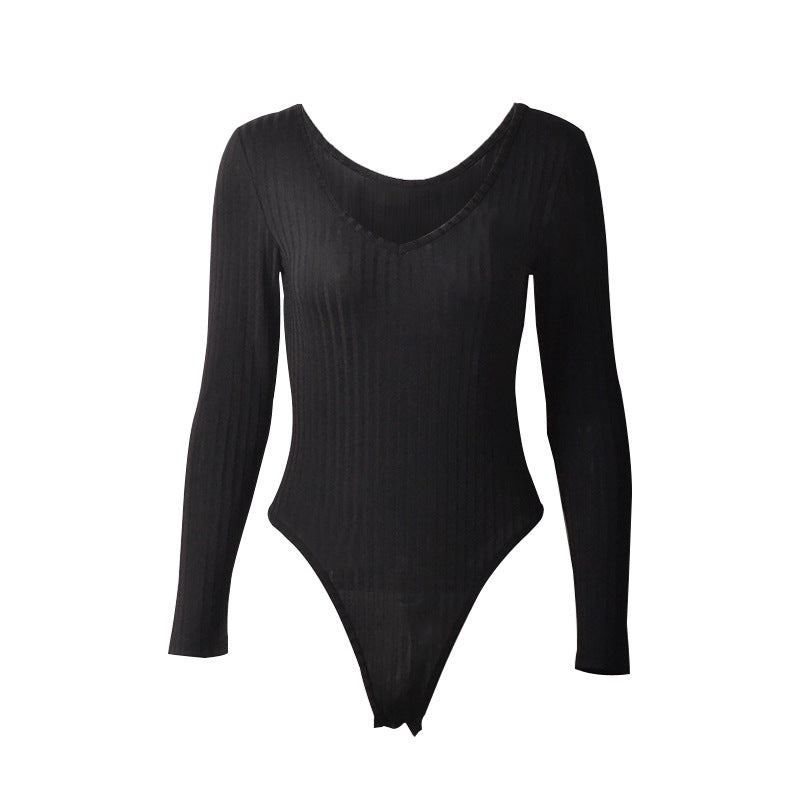 Bodysuit Tight Sexy Deep V neck Long Sleeve Sunken Stripe Bodysuit