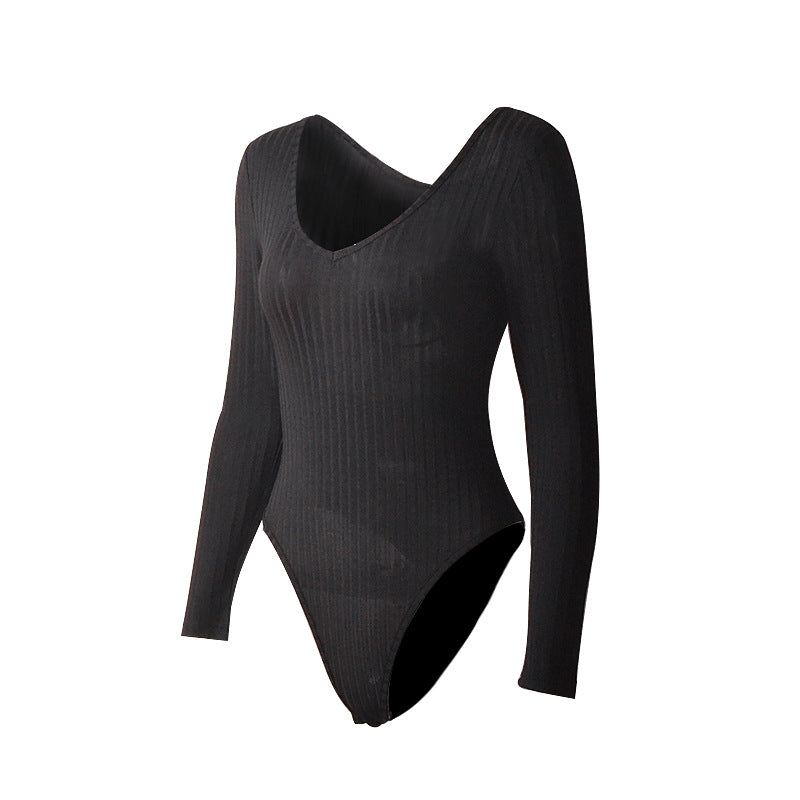 Bodysuit Tight Sexy Deep V neck Long Sleeve Sunken Stripe Bodysuit