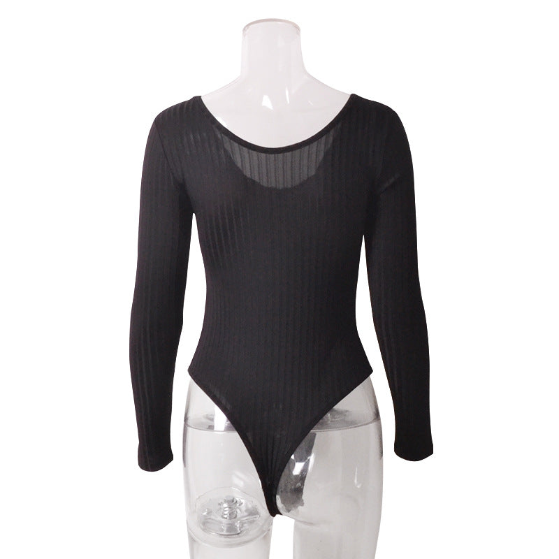 Bodysuit Tight Sexy Deep V neck Long Sleeve Sunken Stripe Bodysuit