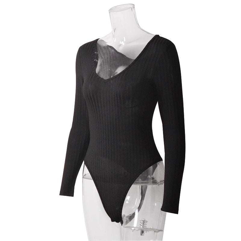 Bodysuit Tight Sexy Deep V neck Long Sleeve Sunken Stripe Bodysuit