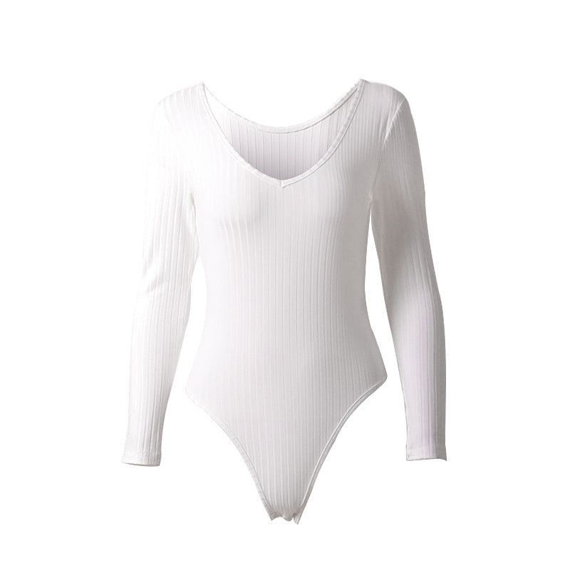Bodysuit Tight Sexy Deep V neck Long Sleeve Sunken Stripe Bodysuit