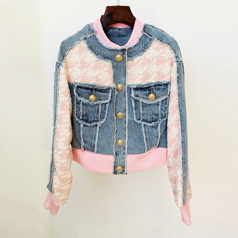Jacket Coats Houndstooth Denim Stitching Loose Fringe Varsity Jackets.
