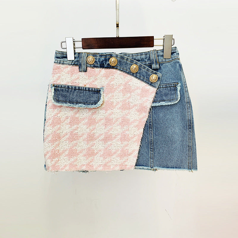 Jacket Coats Houndstooth Denim Stitching Loose Fringe Varsity Jackets.