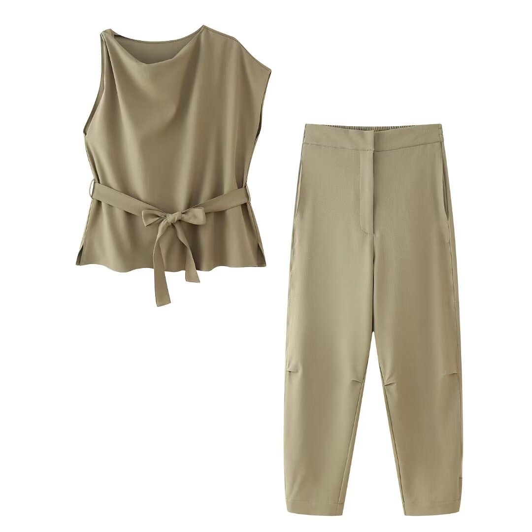 Summer Women Clothing Linen Blended Top Casual Trousers