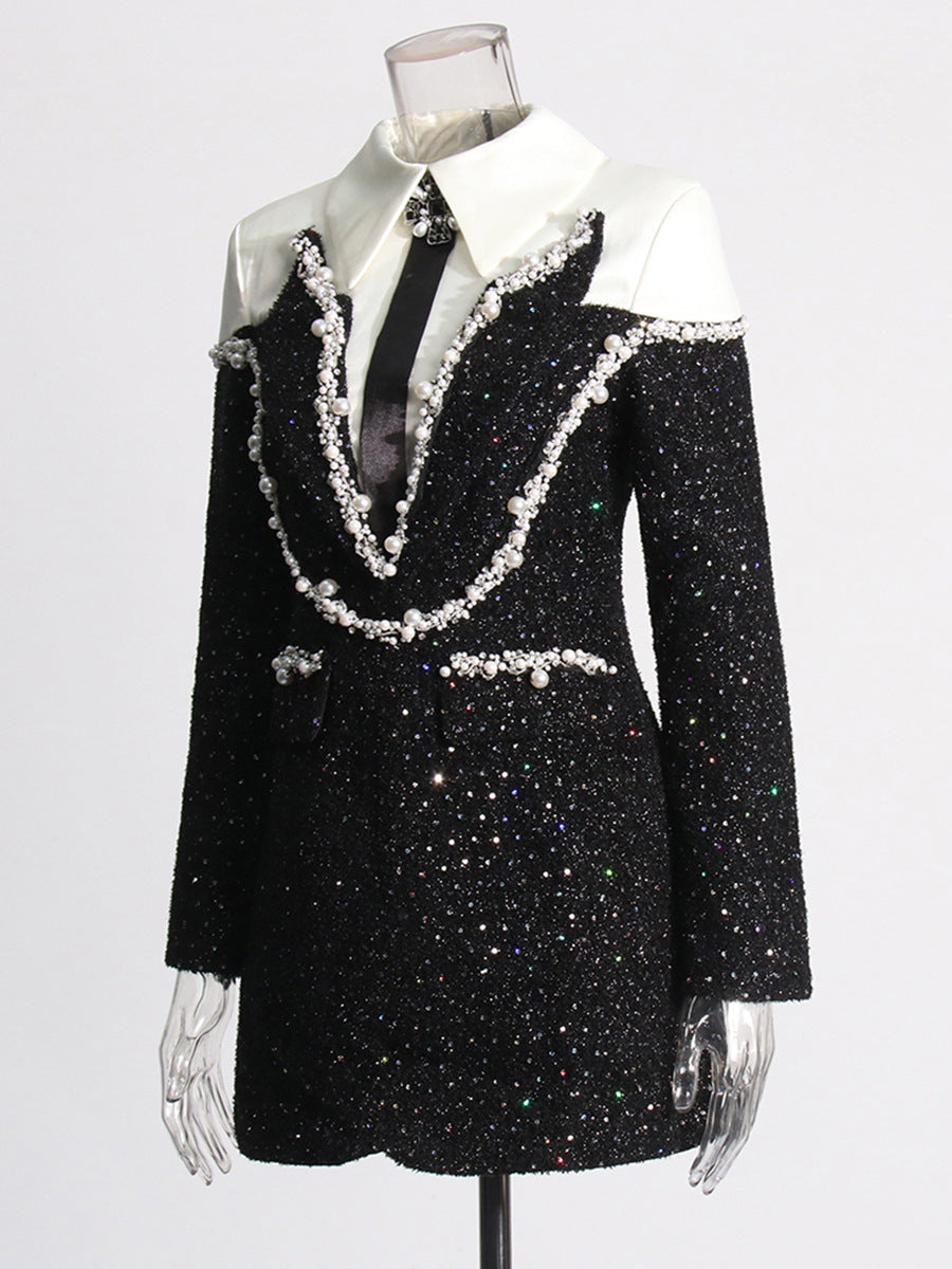 Autumn Private Clothing Socialite Chanel Collared Patchwork Beaded Sequ Woolen Slim