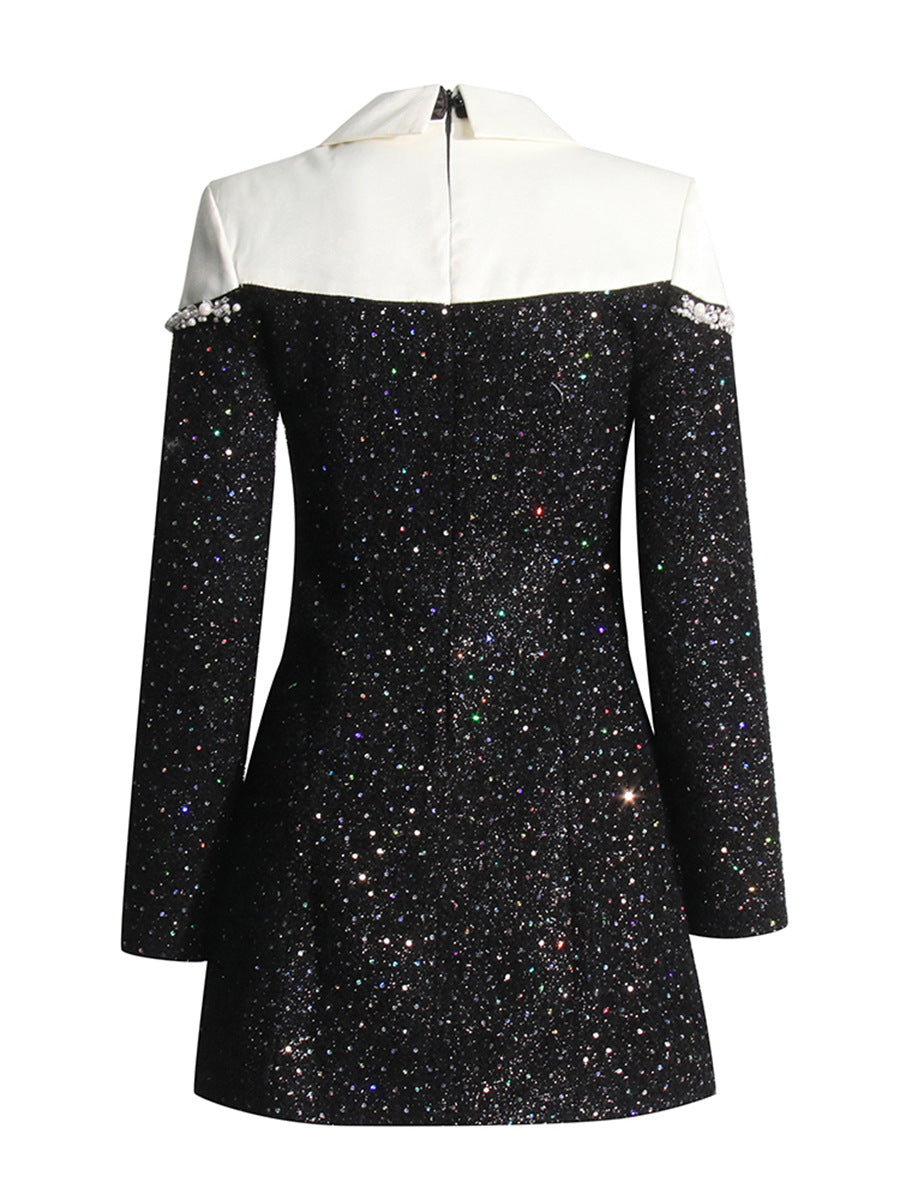 Autumn Private Clothing Socialite Chanel Collared Patchwork Beaded Sequ Woolen Slim
