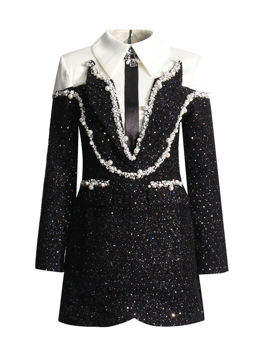 Autumn Private Clothing Socialite Chanel Collared Patchwork Beaded Sequ Woolen Slim