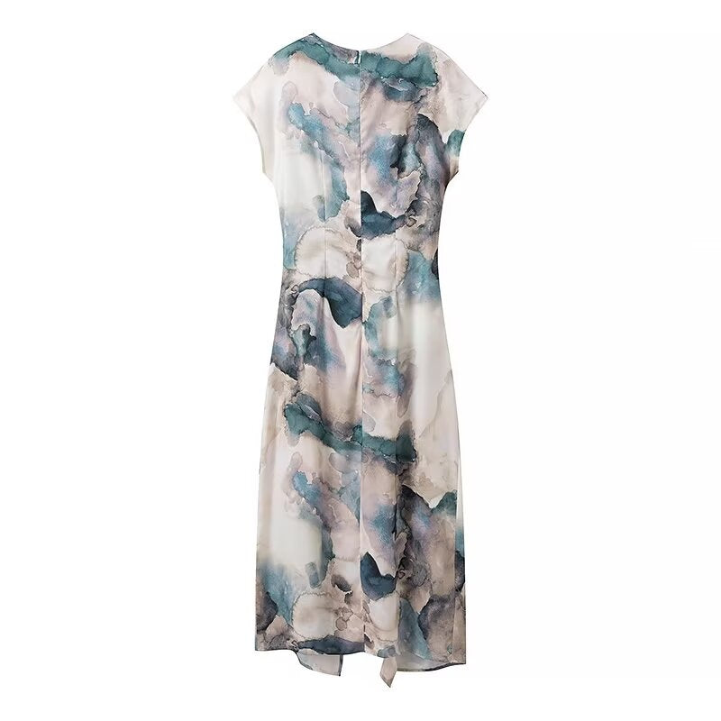 Women Wears Summer Round Neck Slim Fit Pleated Tie Dyed Satin Textures