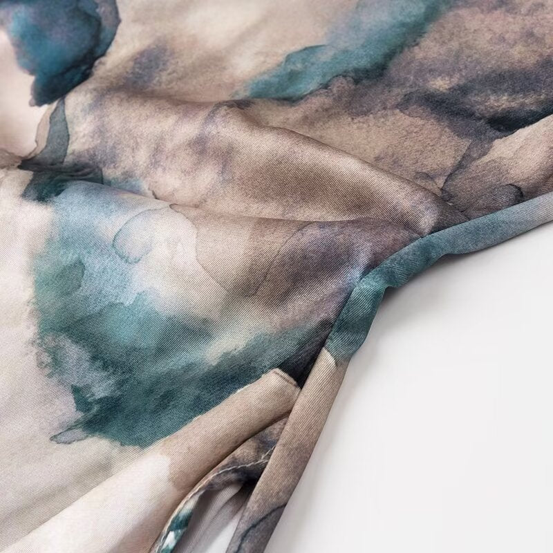 Women Wears Summer Round Neck Slim Fit Pleated Tie Dyed Satin Textures