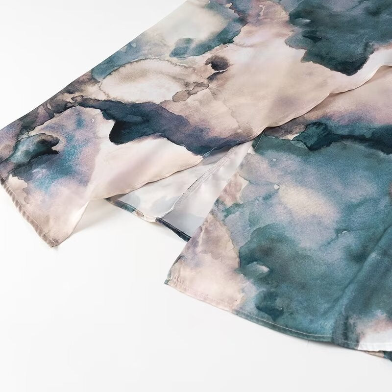 Women Wears Summer Round Neck Slim Fit Pleated Tie Dyed Satin Textures