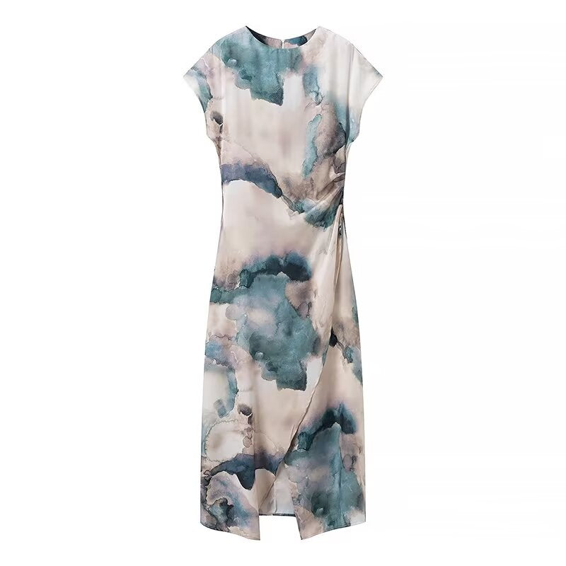 Women Wears Summer Round Neck Slim Fit Pleated Tie Dyed Satin Textures