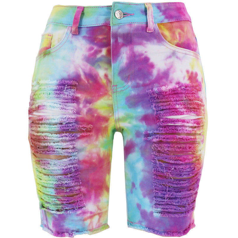 Denim Pants Summer Women Clothing High Waist Tie-Dyed Ripped Pants
