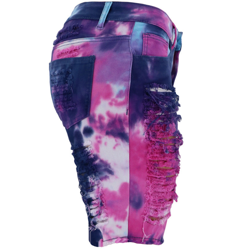 Denim Pants Summer Women Clothing High Waist Tie-Dyed Ripped Pants