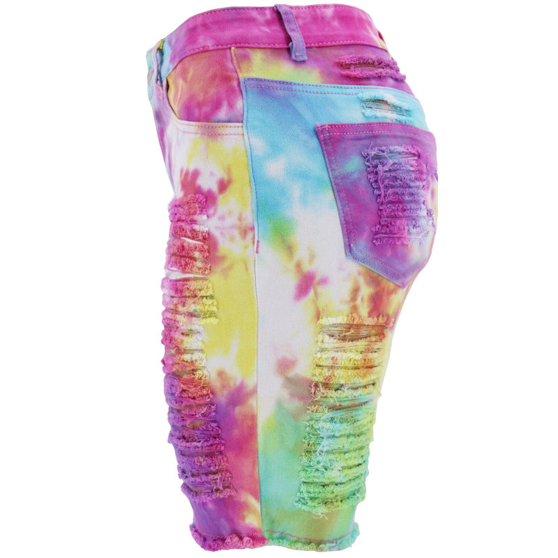 Denim Pants Summer Women Clothing High Waist Tie-Dyed Ripped Pants