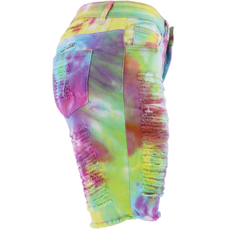 Denim Pants Summer Women Clothing High Waist Tie-Dyed Ripped Pants
