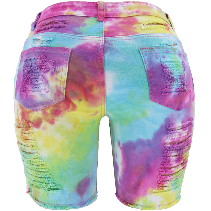 Denim Pants Summer Women Clothing High Waist Tie-Dyed Ripped Pants