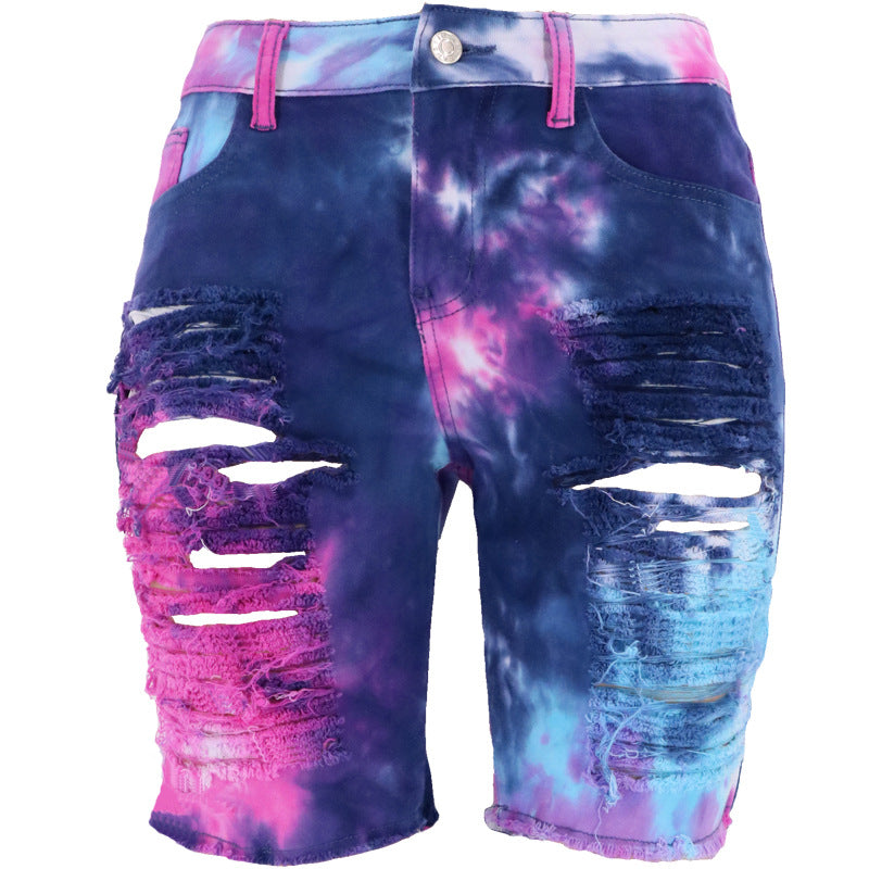 Denim Pants Summer Women Clothing High Waist Tie-Dyed Ripped Pants