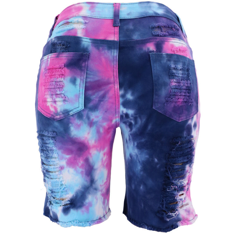 Denim Pants Summer Women Clothing High Waist Tie-Dyed Ripped Pants