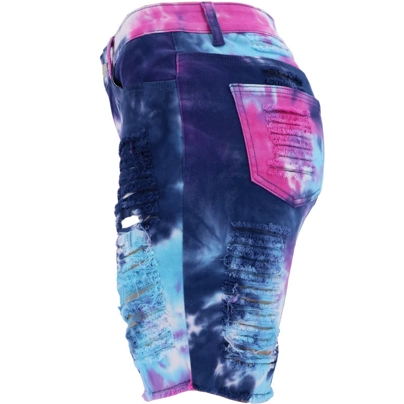 Denim Pants Summer Women Clothing High Waist Tie-Dyed Ripped Pants