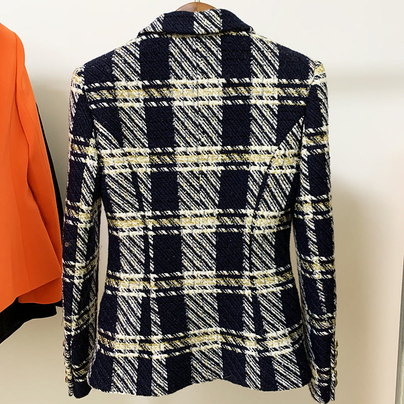 Women Coat High Fixed Fabric Autumn Winter Slim Double Breasted Plaid.