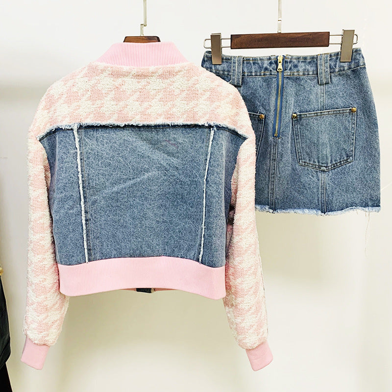 Jacket Coats Houndstooth Denim Stitching Loose Fringe Varsity Jackets.