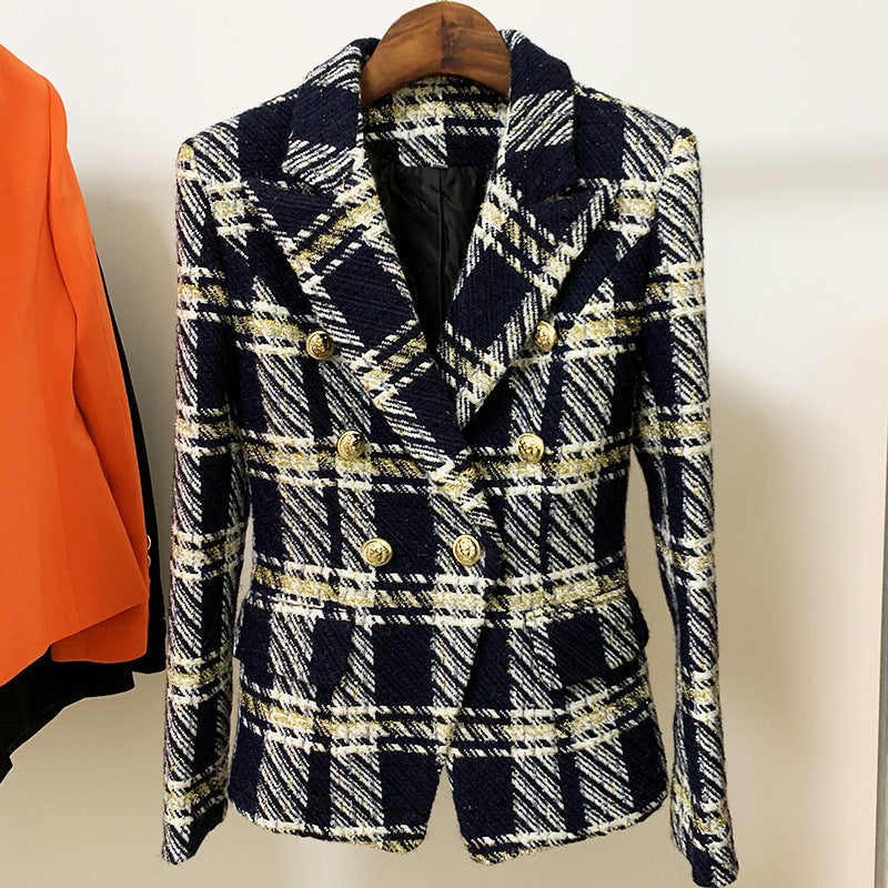 Women Coat High Fixed Fabric Autumn Winter Slim Double Breasted Plaid.