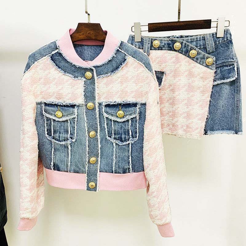 Jacket Coats Houndstooth Denim Stitching Loose Fringe Varsity Jackets.