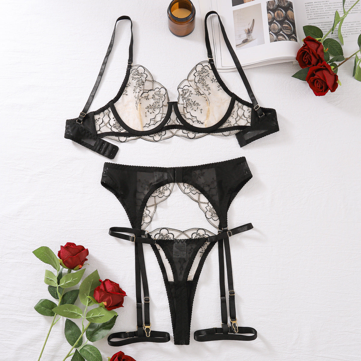 Sexy lace lingerie Summer Steel Ring Push up Bra Mesh Four Piece Set