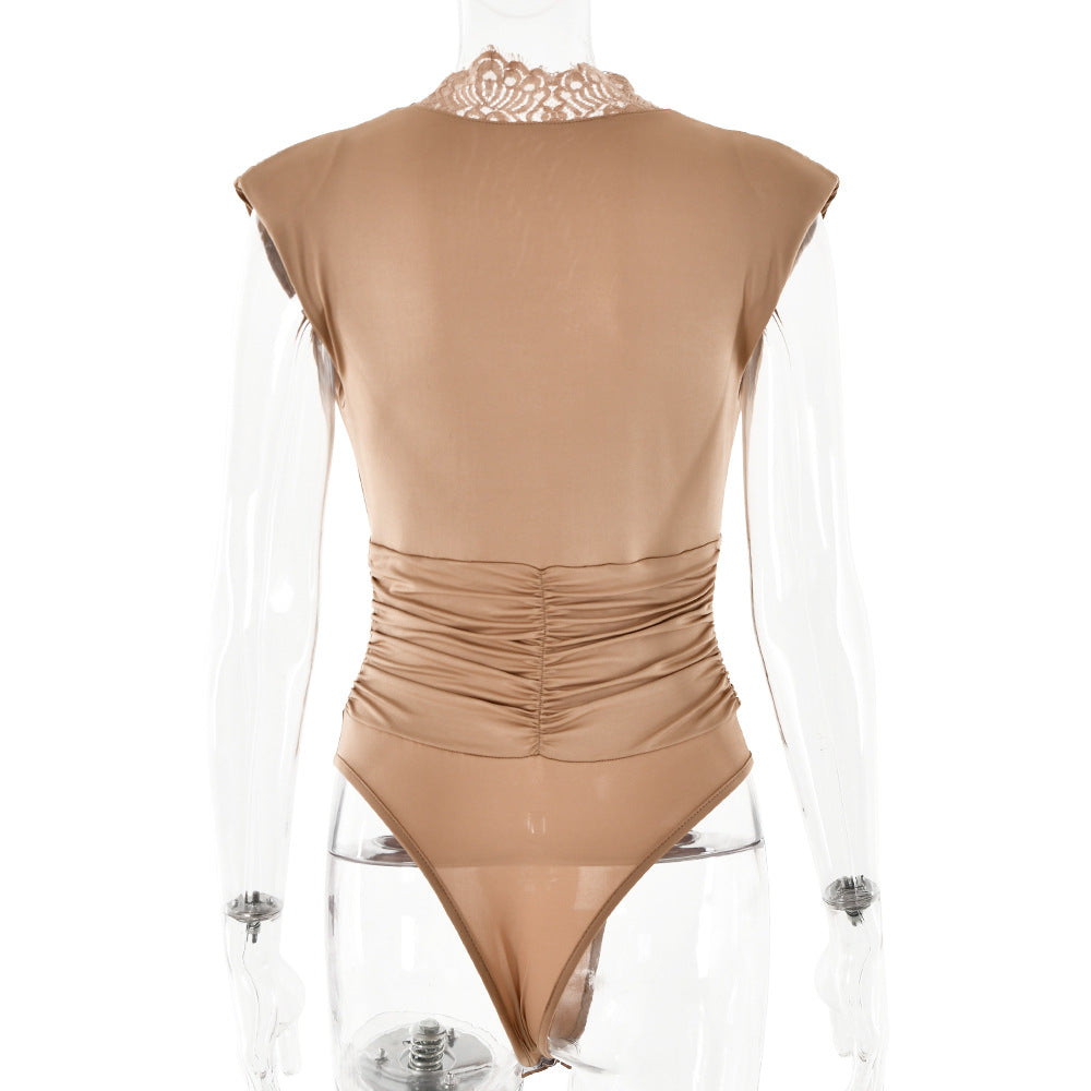 Sleeveless Jumpsuit Women Sexy V Neck Lace Patchwork Waist Slimming