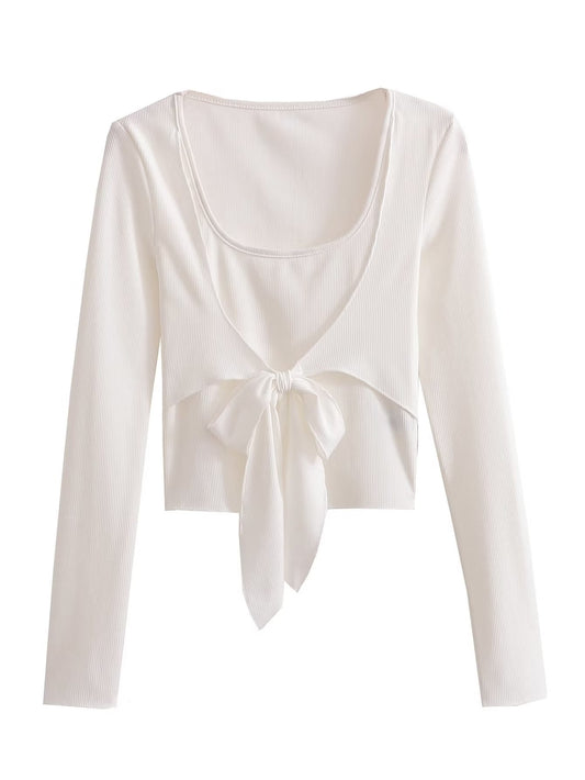 Winter Lace Up Bow Elastic Slim Fit Faux Two Piece Long Sleeve shirt