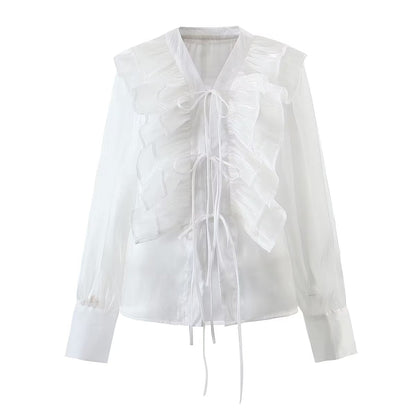 Summer Loose Slimming Niche summer Overlay Ruffled long Sleeve T shirt