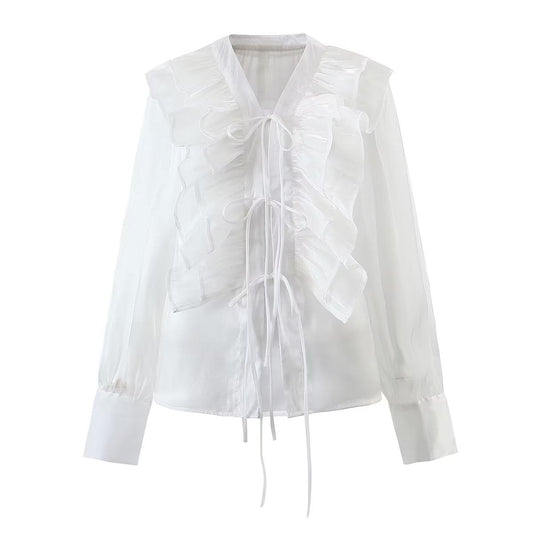 Summer Loose Slimming Niche summer Overlay Ruffled long Sleeve T shirt