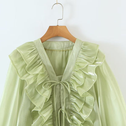 Summer Loose Slimming Niche summer Overlay Ruffled long Sleeve T shirt
