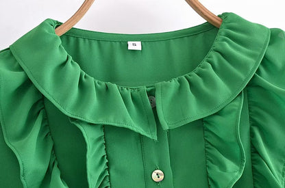 Spring Summer Women Long Sleeve All Match Laminated Decoration Shirt