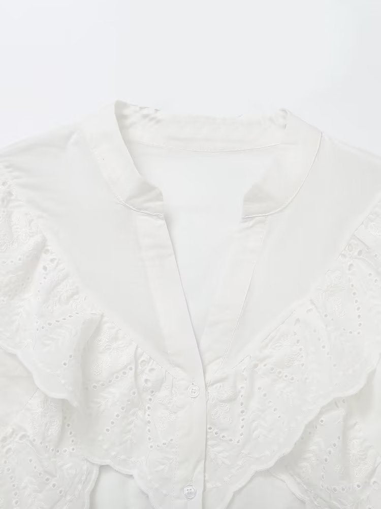 Summer Women White Ruffled Laminated Decoration Shirt Top