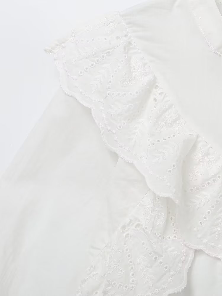 Summer Women White Ruffled Laminated Decoration Shirt Top