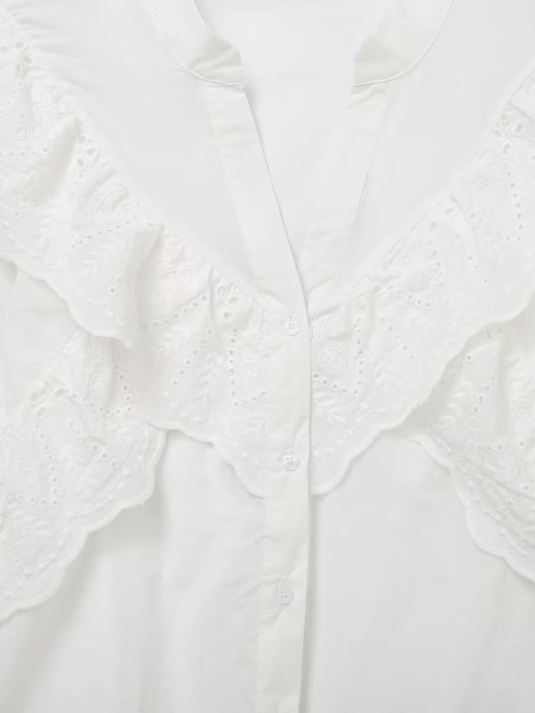 Summer Women White Ruffled Laminated Decoration Shirt Top