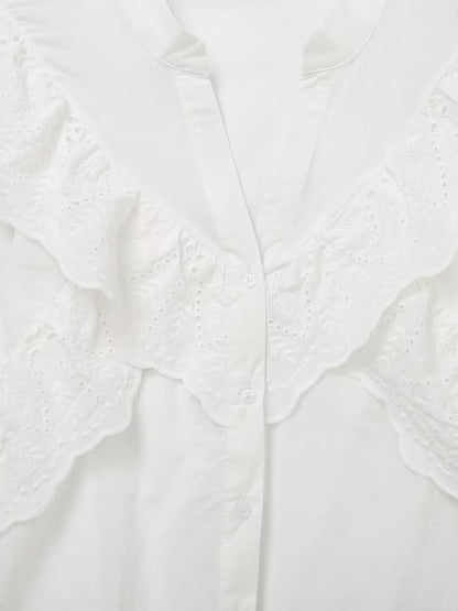 Summer Women White Ruffled Laminated Decoration Shirt Top