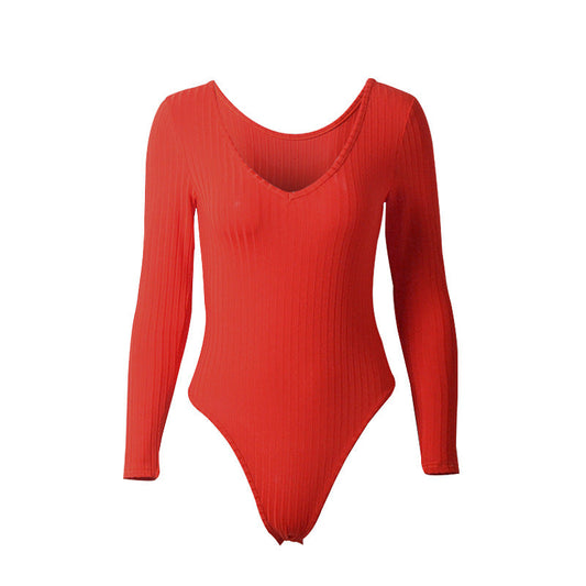  Bodysuit Tight Sexy Deep V neck Long Sleeve Sunken Stripe Bodysuit