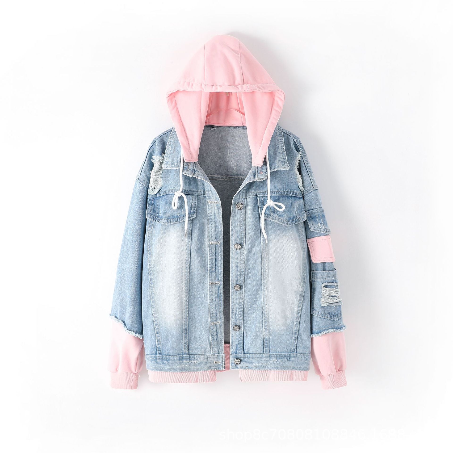 Hooded Denim Jacket Women Hooded Patchwork Denim Jacket