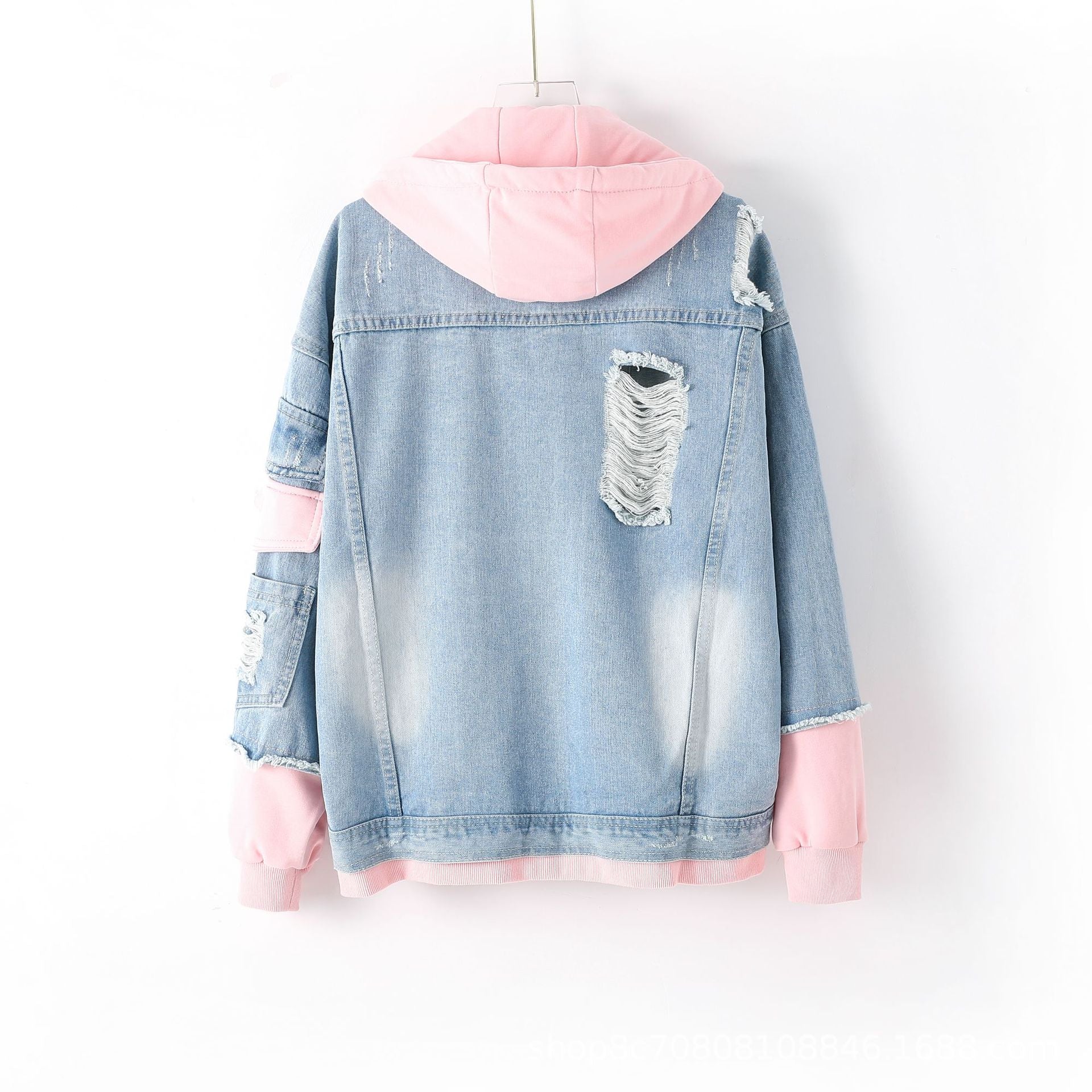 Hooded Denim Jacket Women Hooded Patchwork Denim Jacket
