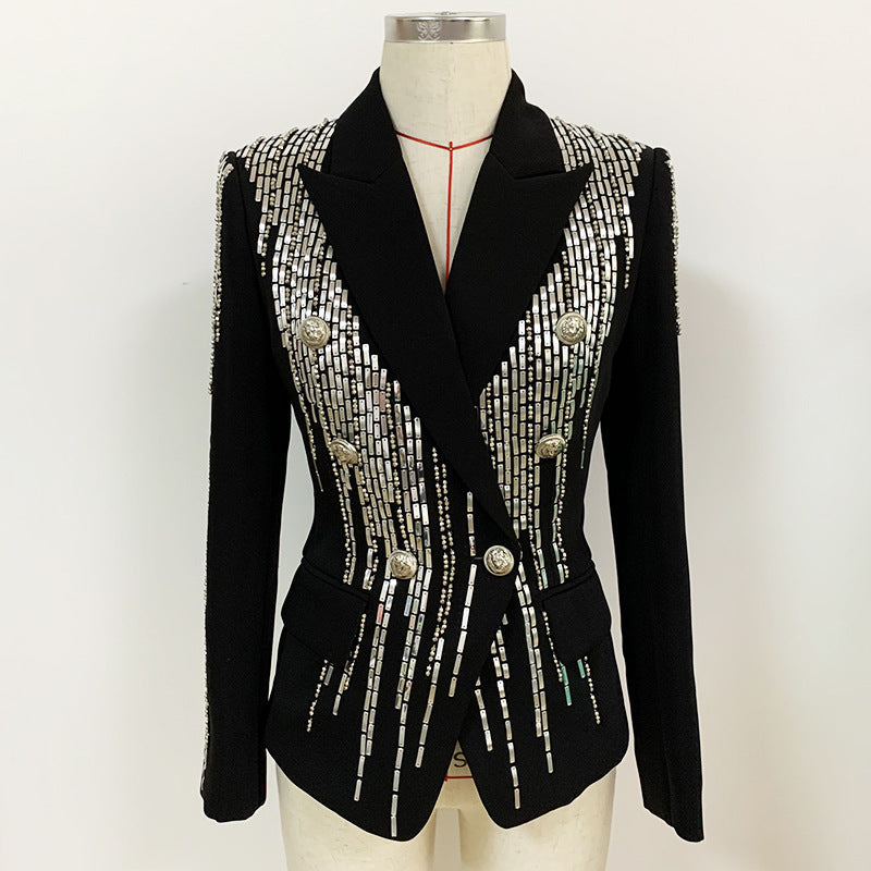  Women Jacket Jacket Double Breasted Heavy Industry Beads Slim Fit