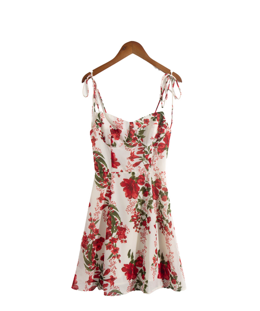 Summer French Tied Spaghetti Strap Short Dress High Grade Backless Red Floral Retro