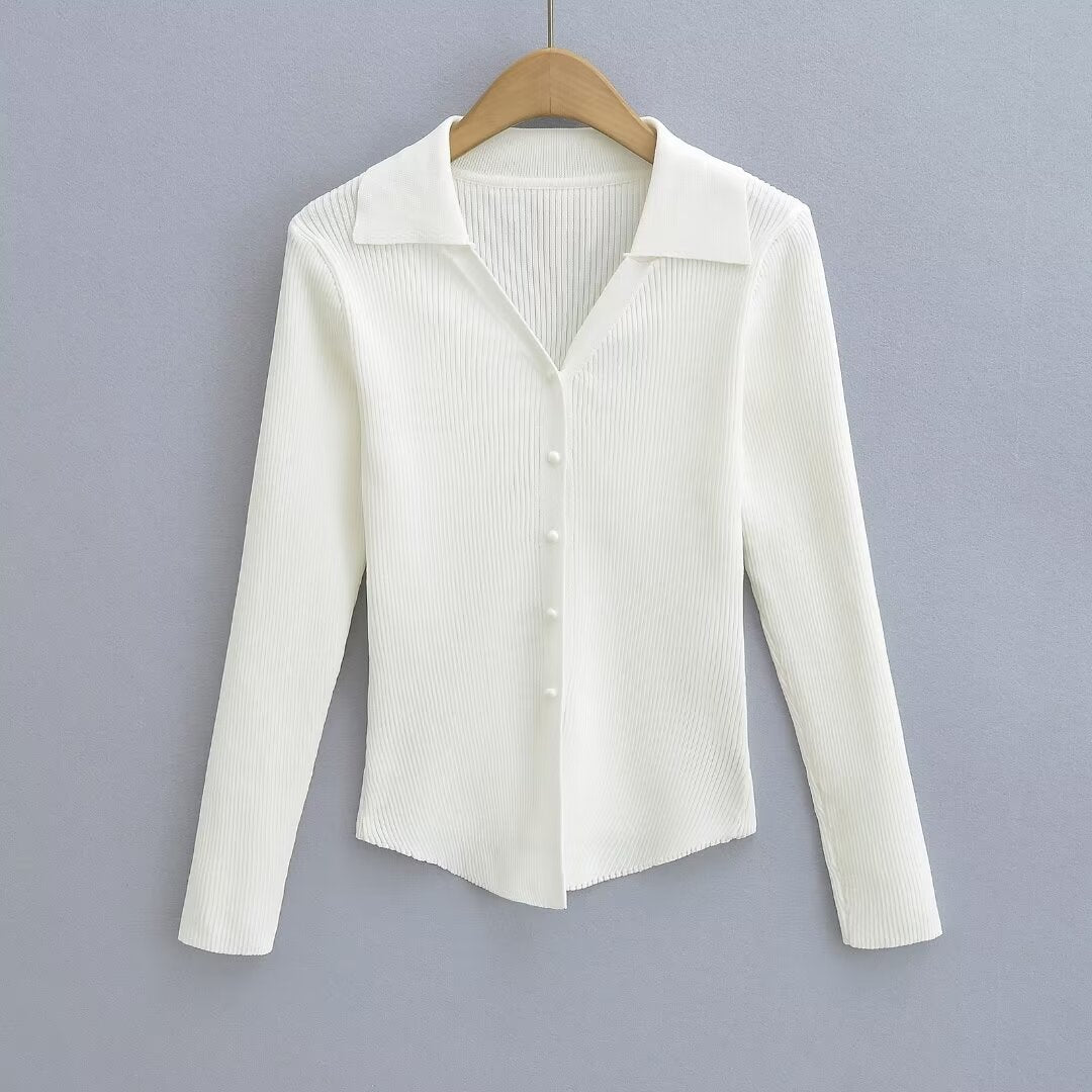 Knitted Cardigan French V neck Sunken Stripe Slim Fit Knitted Cardigan