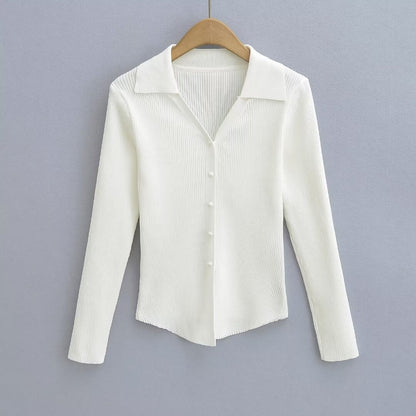Knitted Cardigan French V neck Sunken Stripe Slim Fit Knitted Cardigan