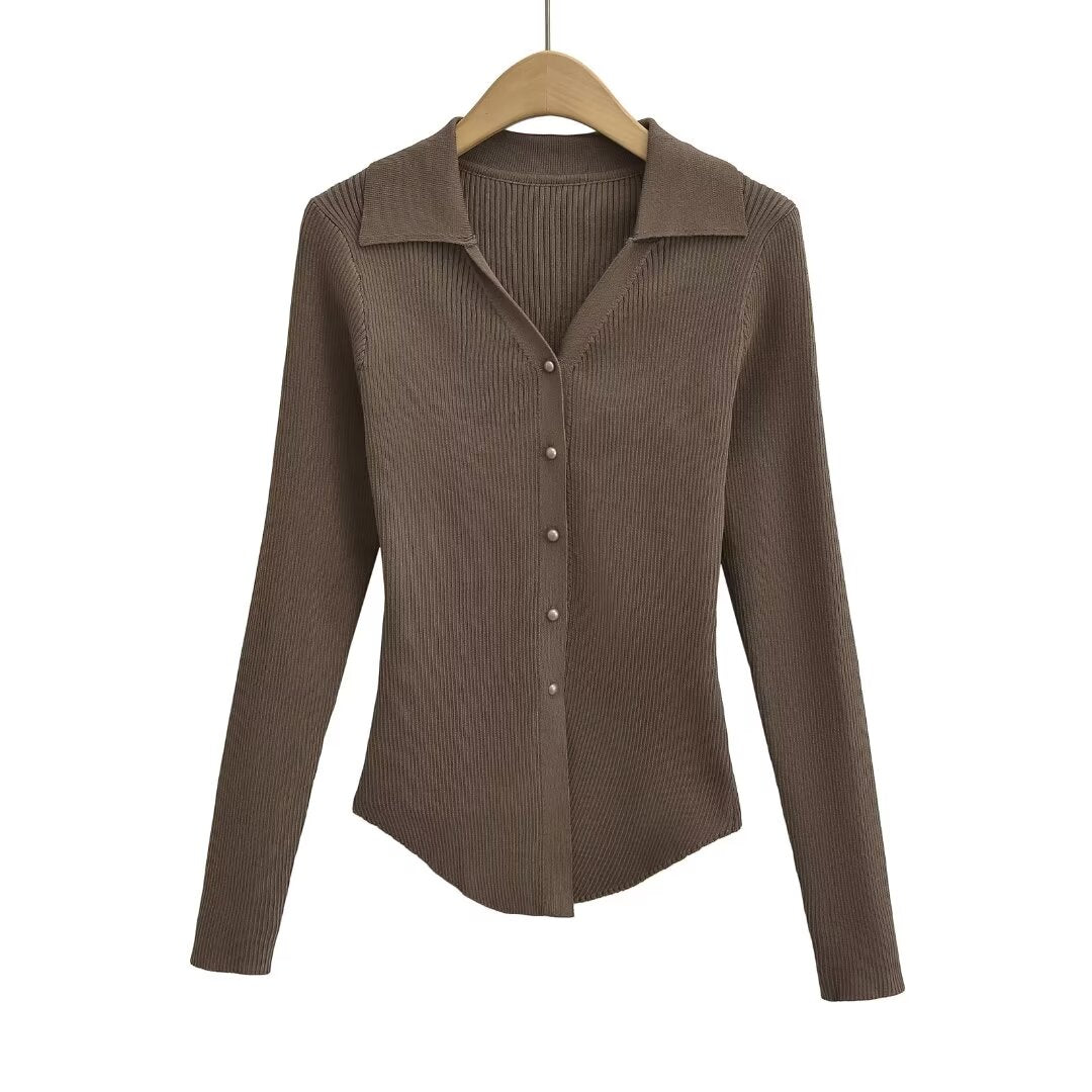 Knitted Cardigan French V neck Sunken Stripe Slim Fit Knitted Cardigan