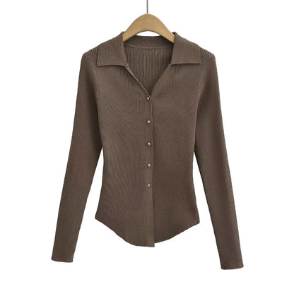 Knitted Cardigan French V neck Sunken Stripe Slim Fit Knitted Cardigan