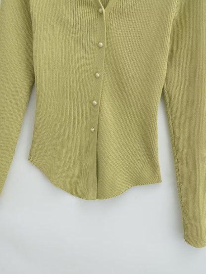 Knitted Cardigan French V neck Sunken Stripe Slim Fit Knitted Cardigan