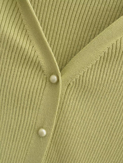Knitted Cardigan French V neck Sunken Stripe Slim Fit Knitted Cardigan